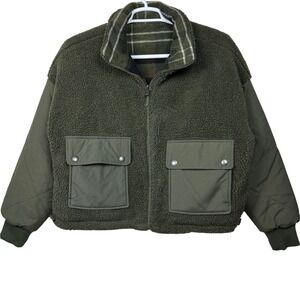 American Eagle Reversible Bomber Jacket Plaid Womens Size S Gree1n Pockets Y2K